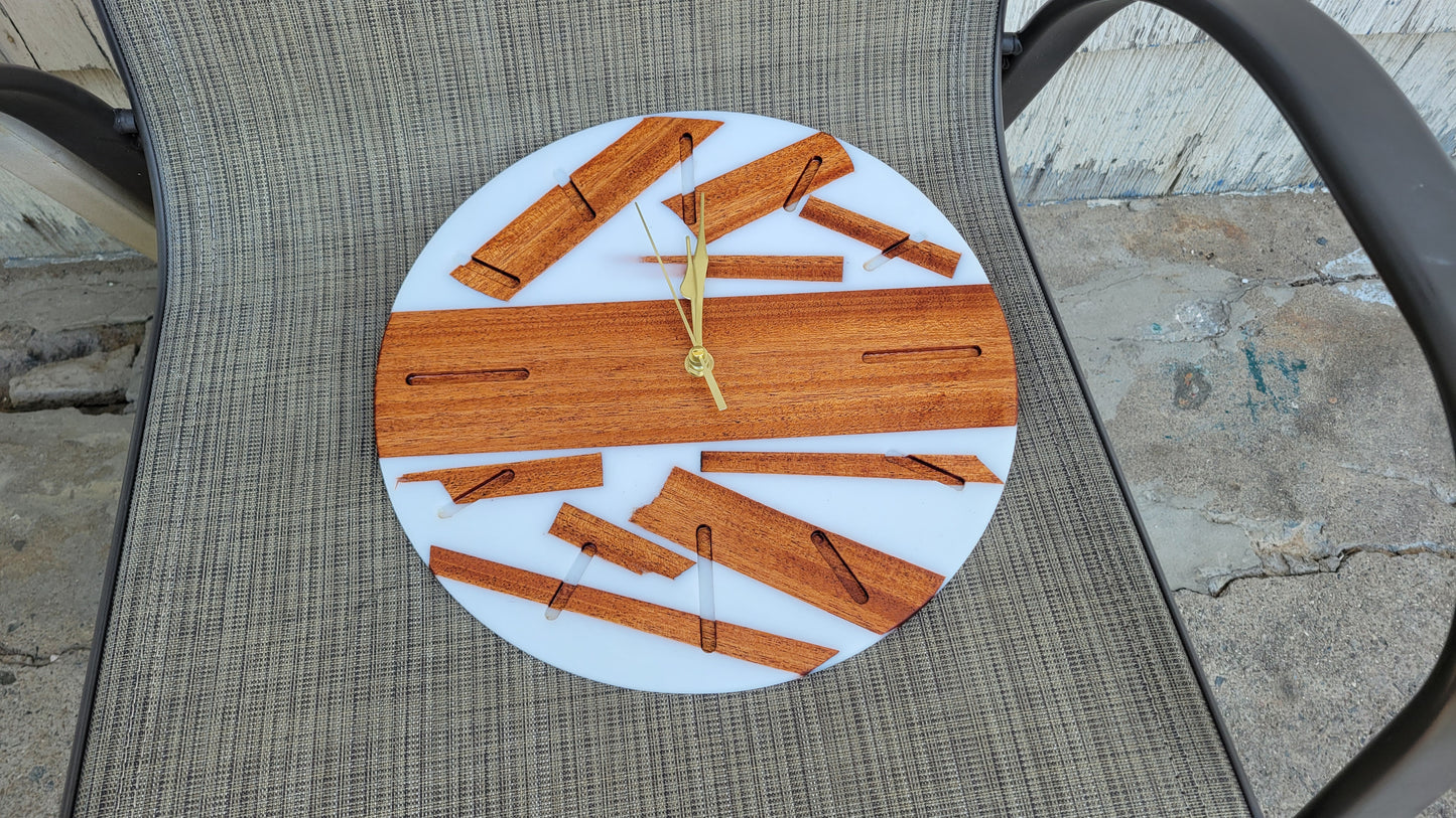 Wall Clock 12" Mahogany Wood And White Epoxy