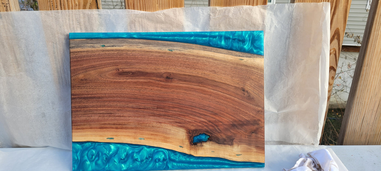 Both sides Live Edge Walnut with 2 Epoxy rivers Cutting Board