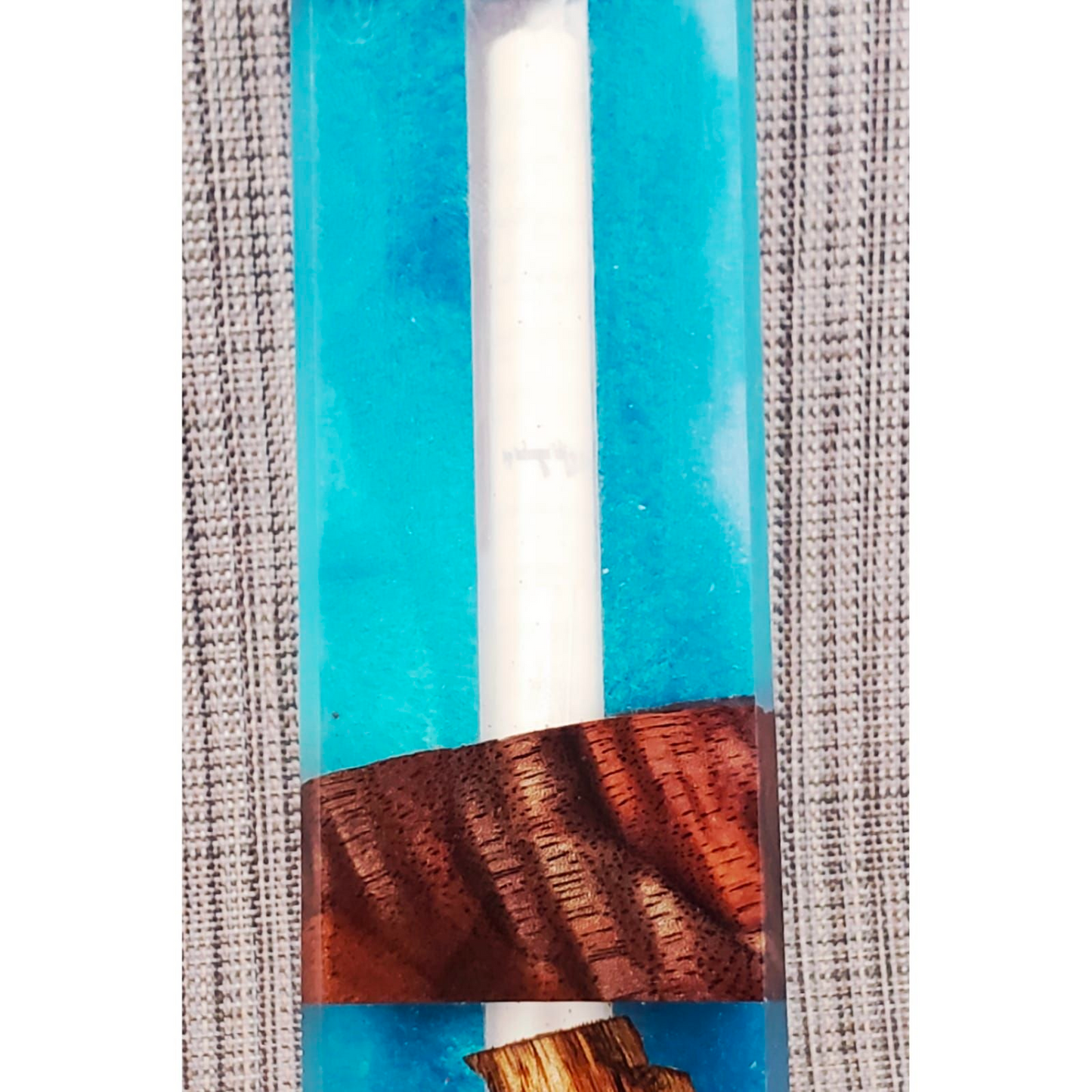Mezuzah Walnut With Background of Lite Blue Epoxy and Clear Epoxy