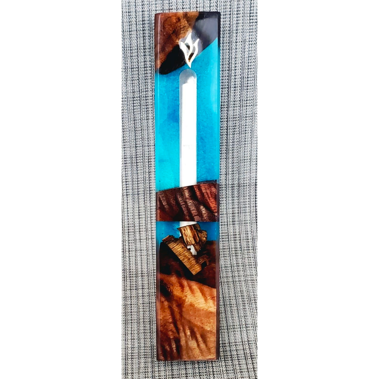 Mezuzah Walnut With Background of Lite Blue Epoxy and Clear Epoxy
