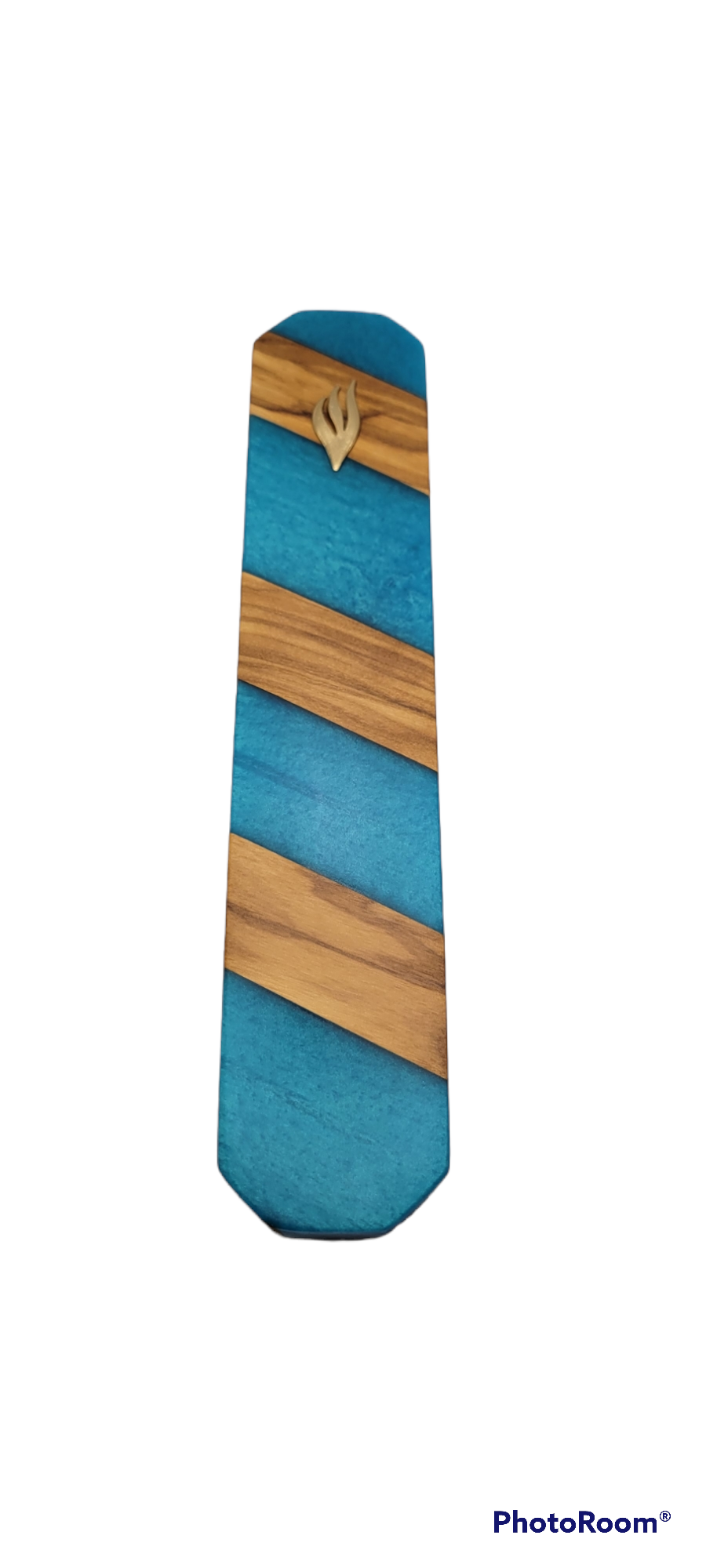 Mezuzah holder Olive wood strips with blue Epoxy