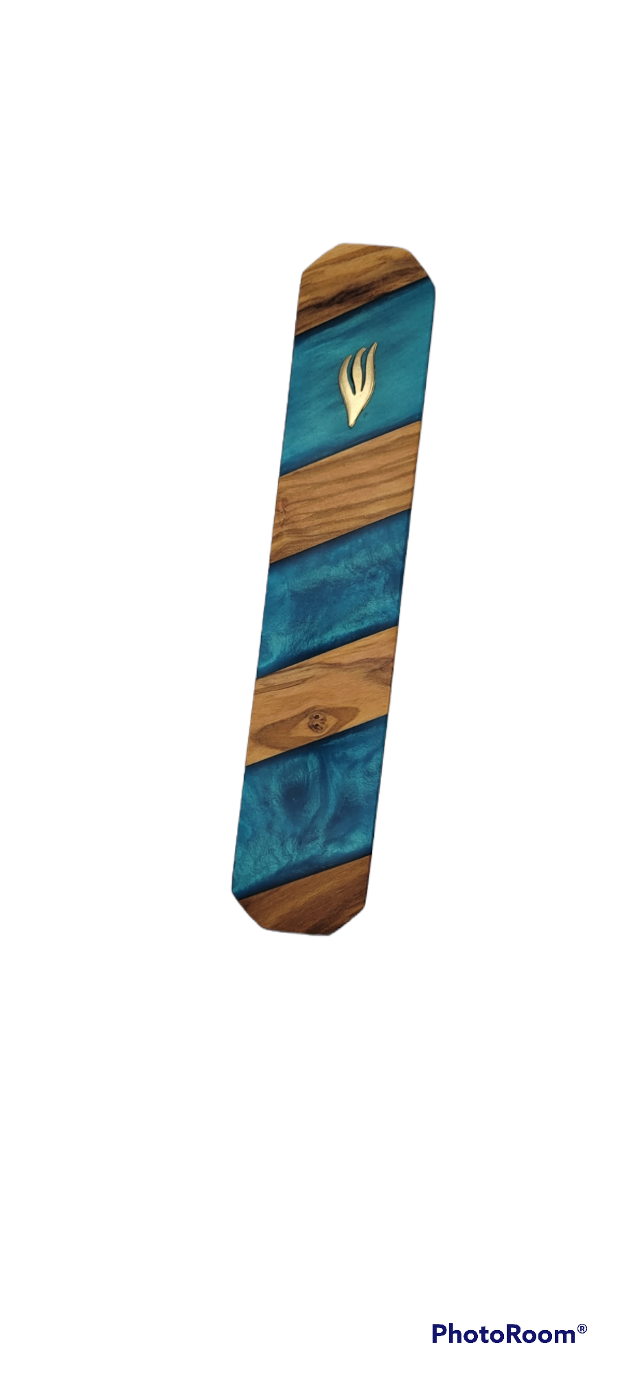 Mezuzah holder Olive wood strips with blue Epoxy