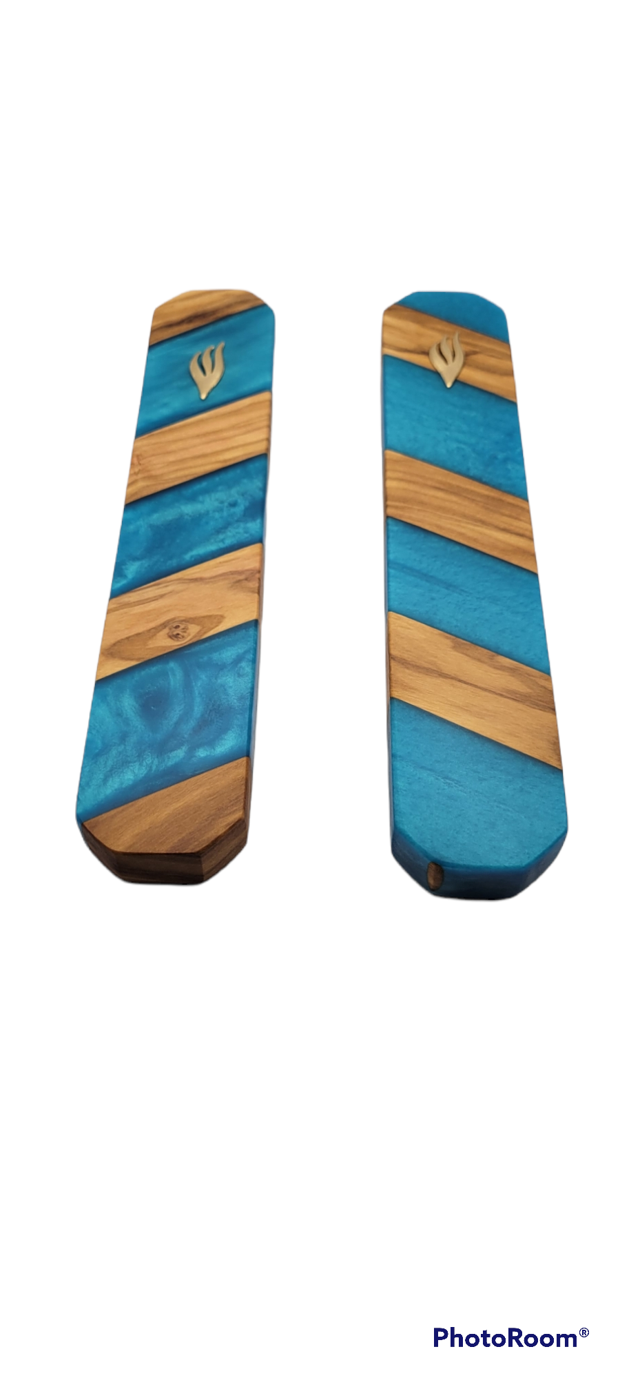 Mezuzah holder Olive wood strips with blue Epoxy