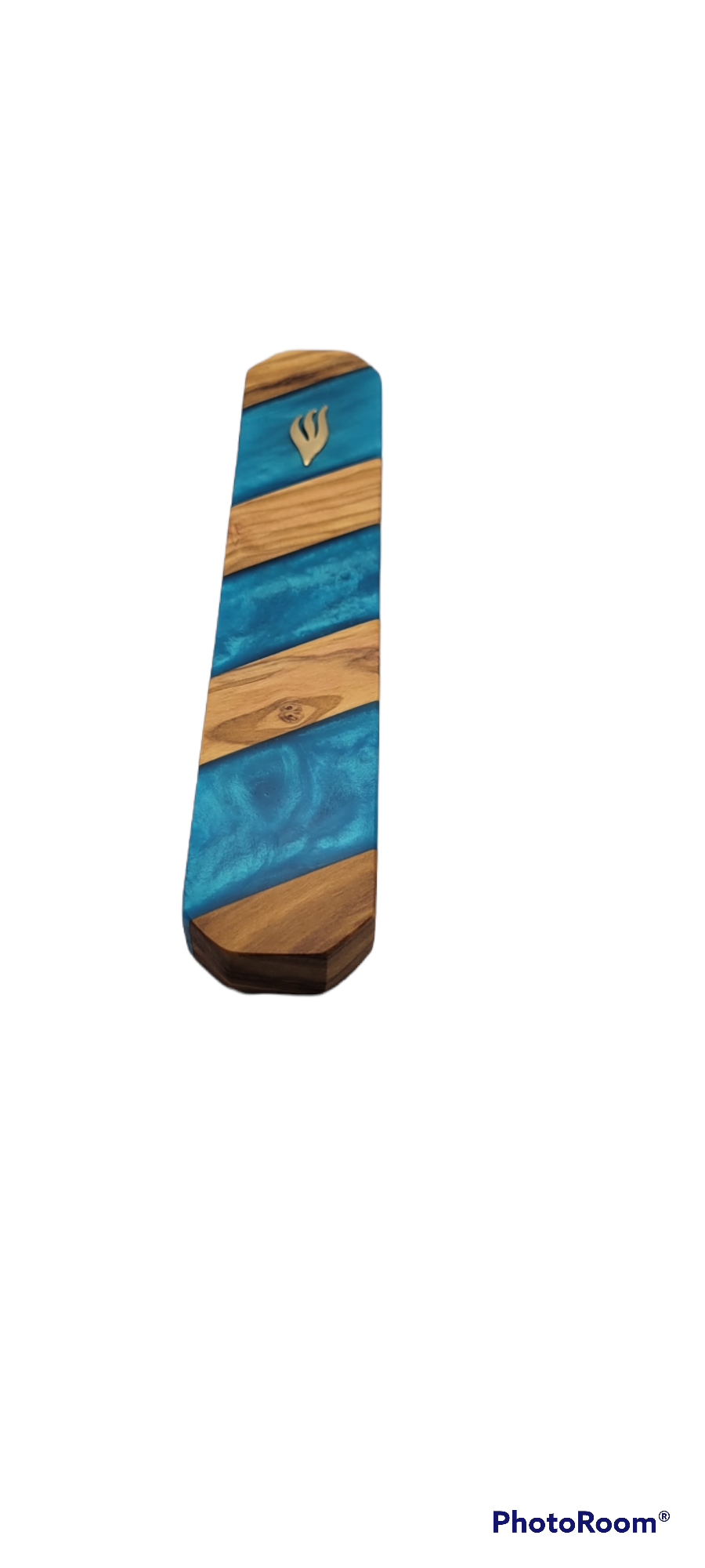 Mezuzah holder Olive wood strips with blue Epoxy