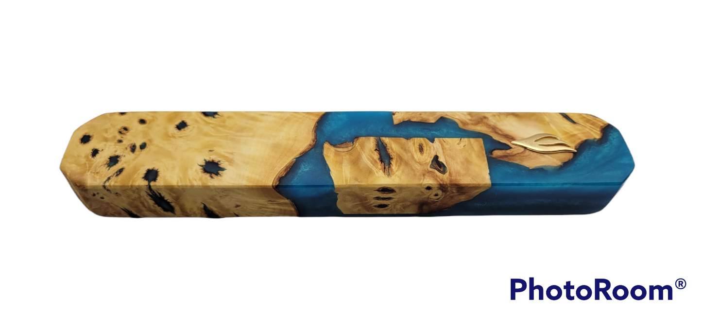 Mezuzah holder rusty wood with blue Epoxy