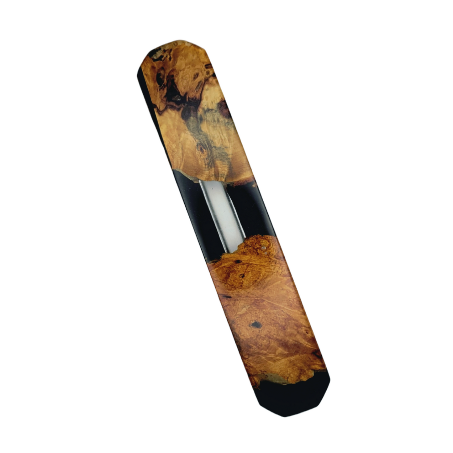 Mezuzah holder Burl wood with black Epoxy backround and Clear Epoxy