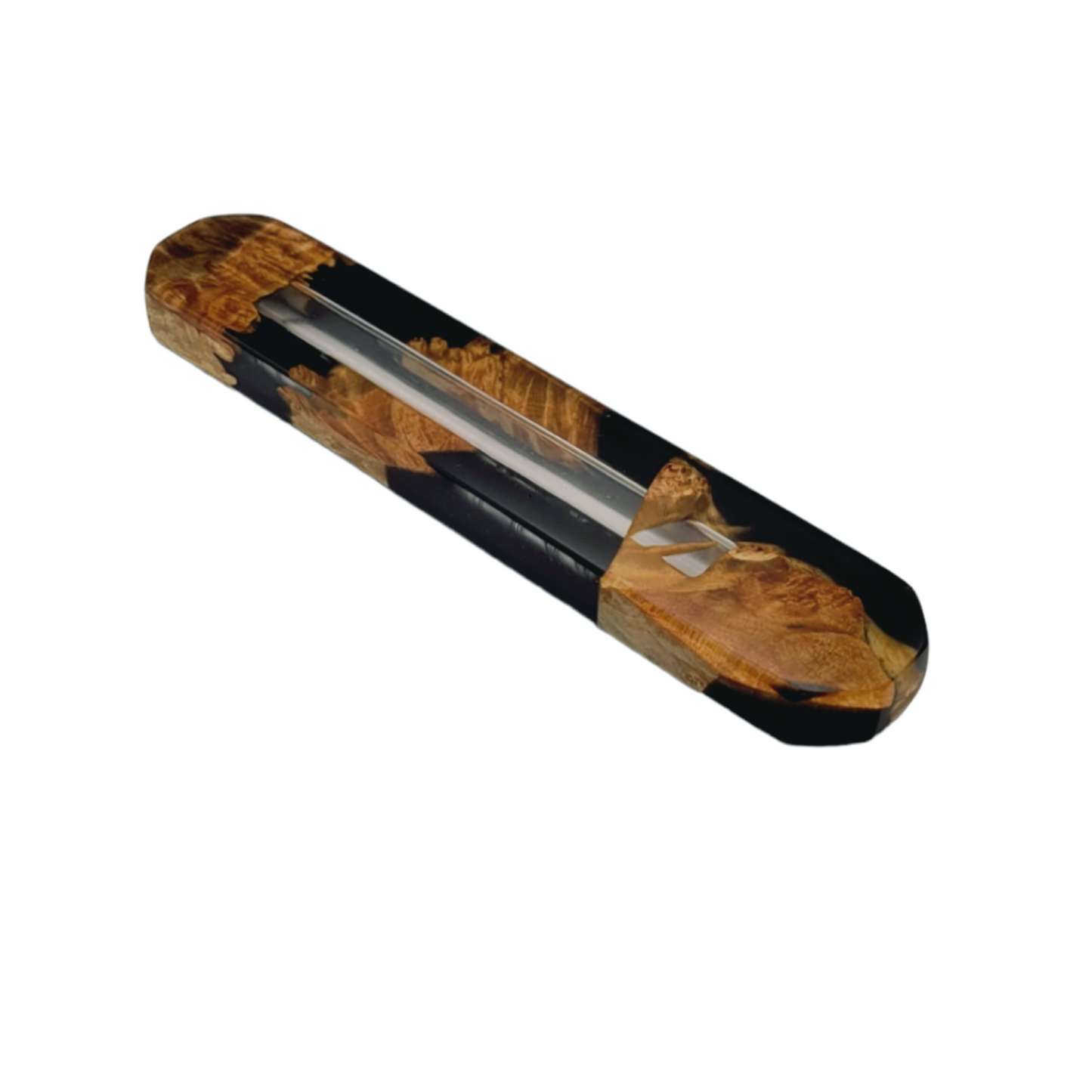 Mezuzah holder Burl wood with black Epoxy backround and Clear Epoxy