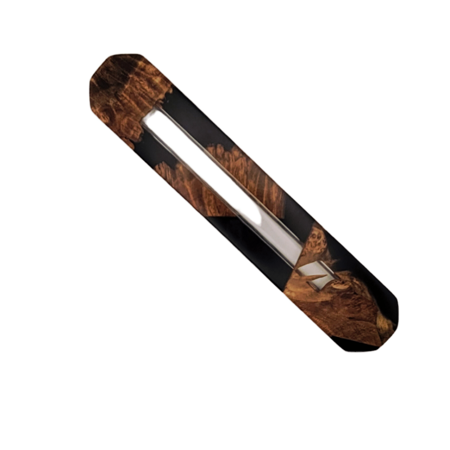 Mezuzah holder Burl wood with black Epoxy backround and Clear Epoxy
