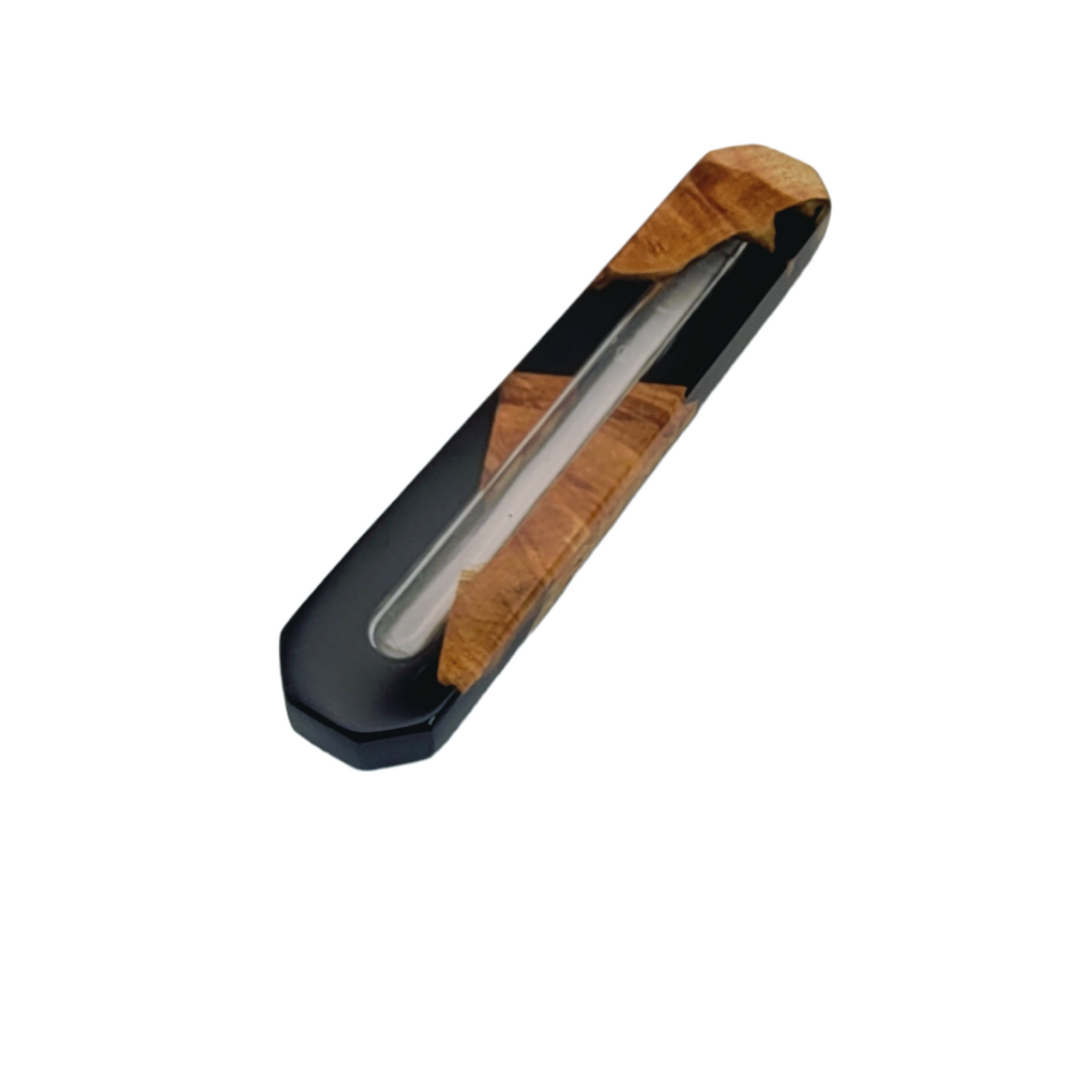 Mezuzah holder Burl wood with black Epoxy backround and Clear Epoxy