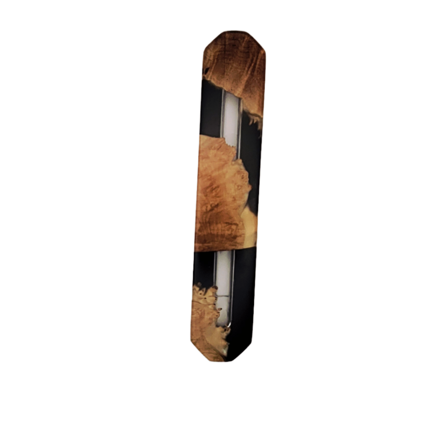 Mezuzah holder Burl wood with black Epoxy backround and Clear Epoxy