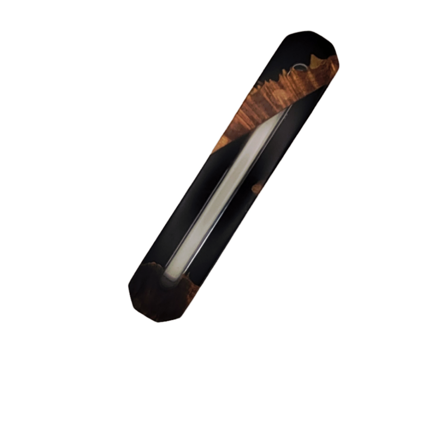 Mezuzah holder Burl wood with black Epoxy backround and Clear Epoxy