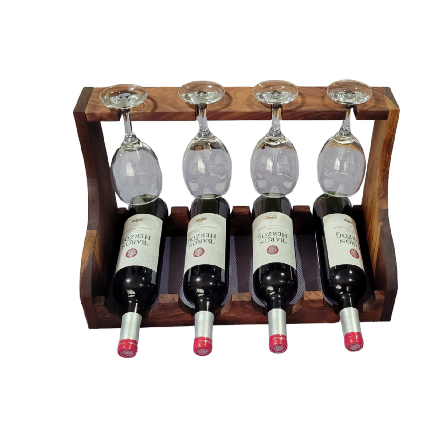 Wine Holder 4 Bottle Wine Bottle & Glass Rack Black Walnut Wood