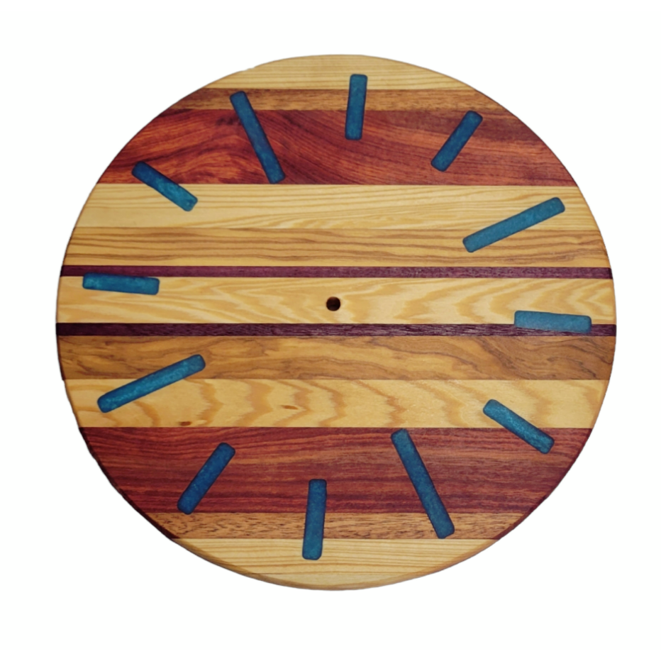 Wall Clock 12" Strips Of Exotic Woods With Blue Epoxy Lines