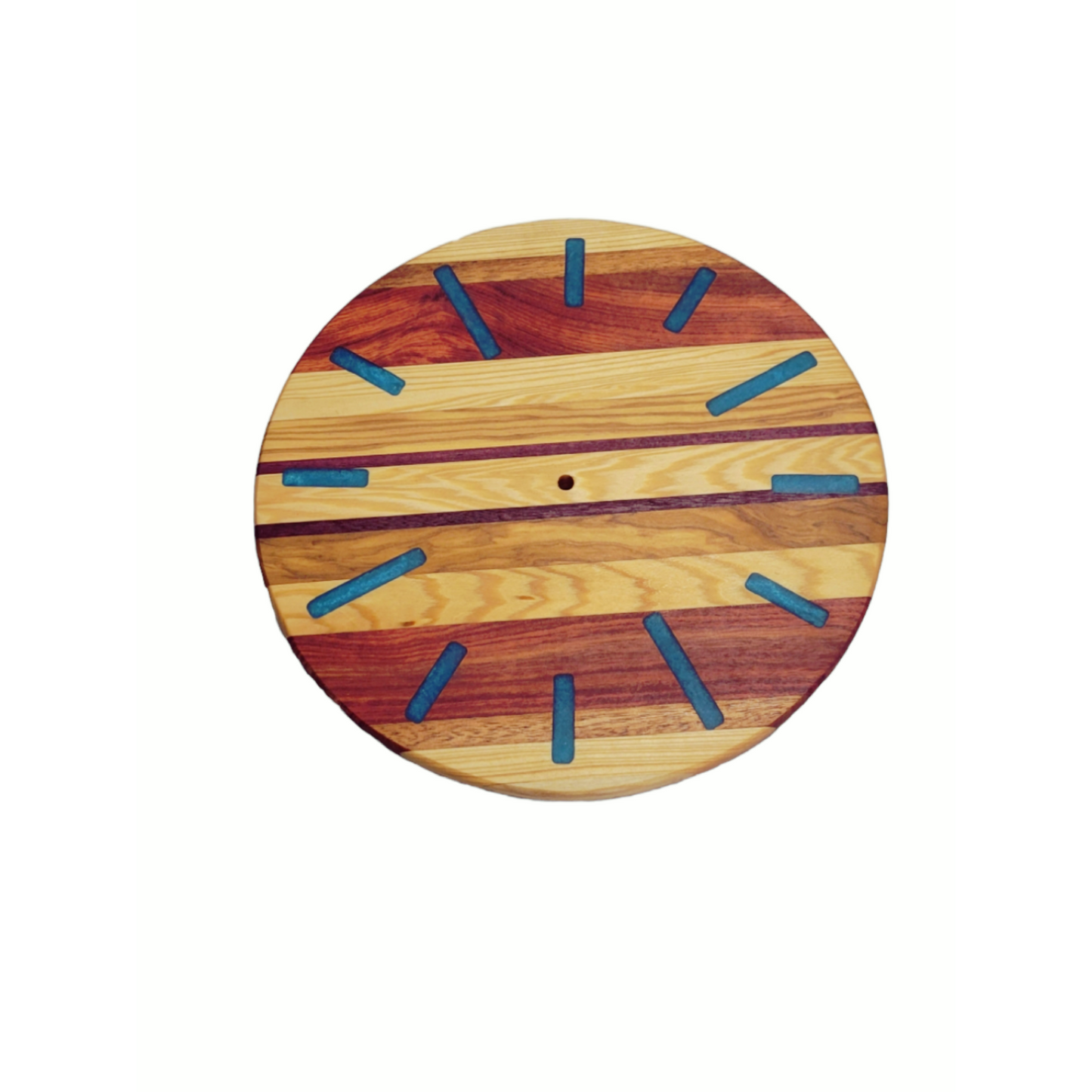 Wall Clock 12" Strips Of Exotic Woods With Blue Epoxy Lines