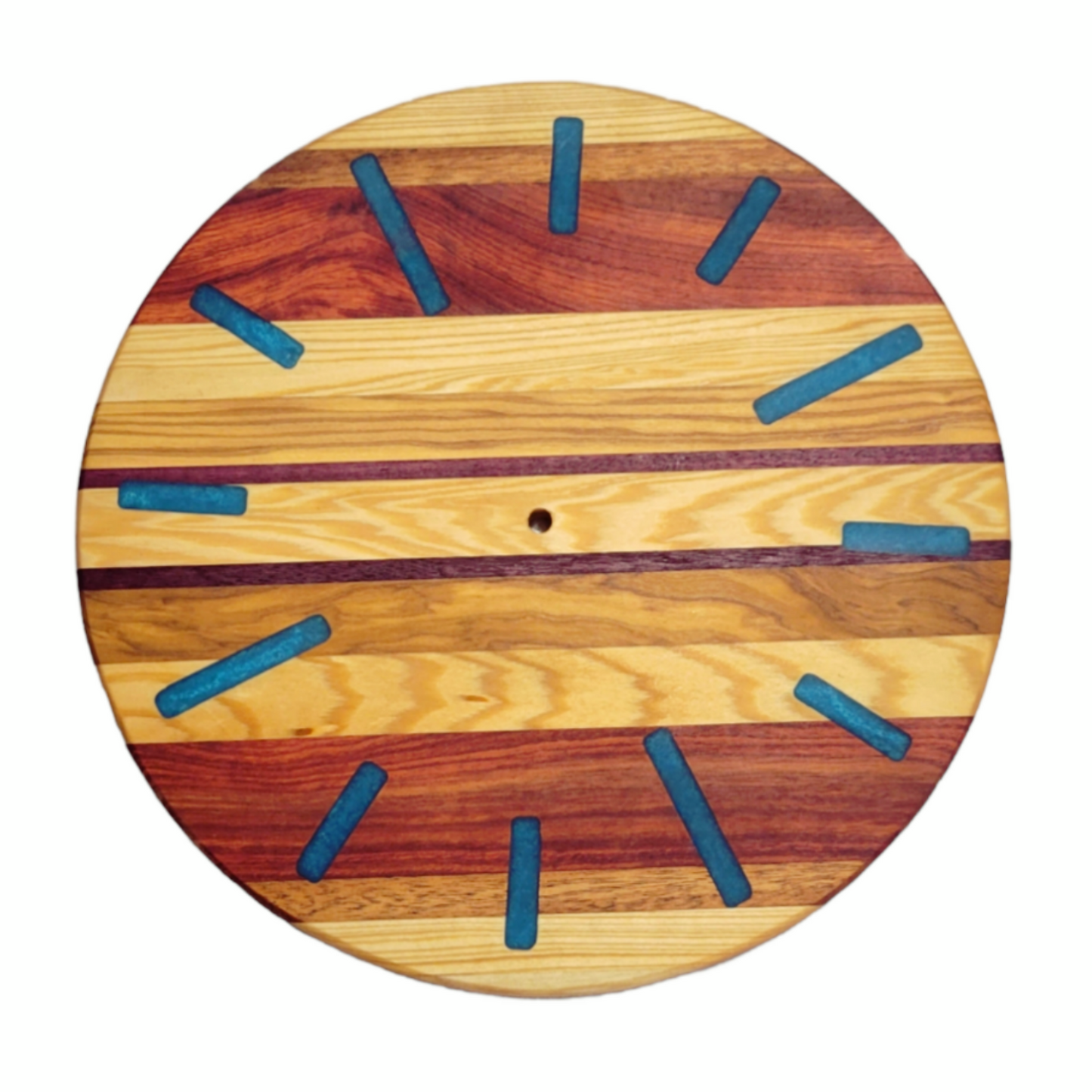 Wall Clock 12" Strips Of Exotic Woods With Blue Epoxy Lines