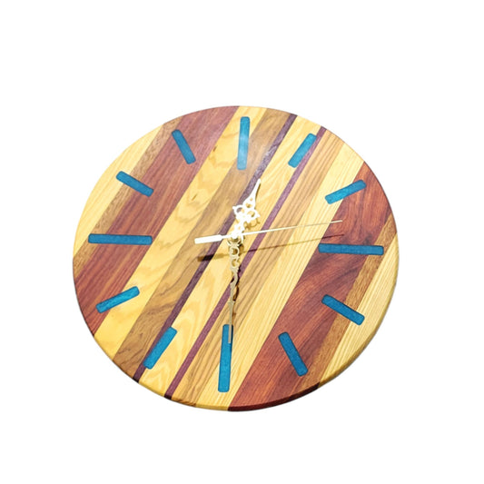 Wall Clock 12" Strips Of Exotic Woods With Blue Epoxy Lines