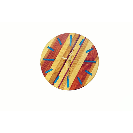 Wall Clock 12" Strips Of Exotic Woods With Blue Epoxy Lines