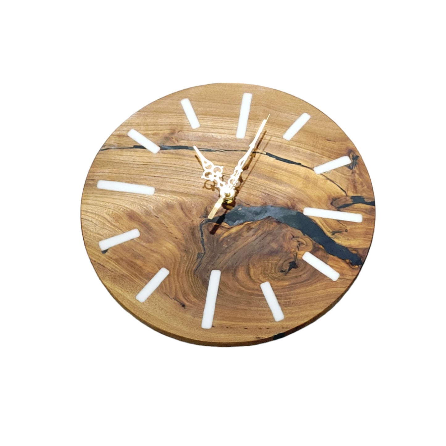 Wall Clock 12" Exotic Wood With Black Epoxy filled Cracks White Epoxy Lines