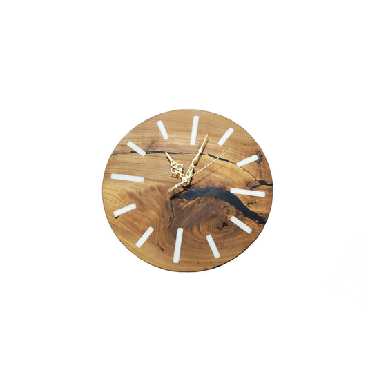 Wall Clock 12" Exotic Wood With Black Epoxy filled Cracks White Epoxy Lines