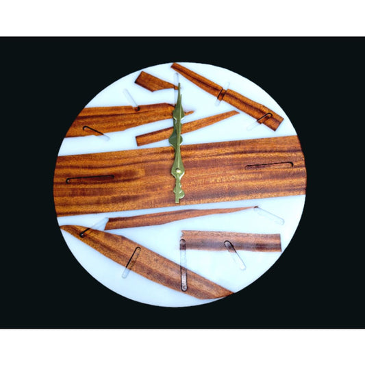 Wall Clock 12" Mahogany Wood And White Epoxy
