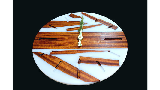 Wall Clock 12" Mahogany Wood And White Epoxy
