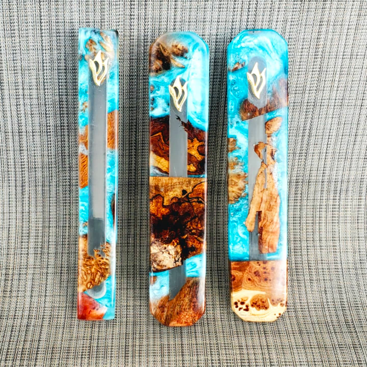 Mezuzah Holder Burl Wood With Blue Epoxy Background and Clear Epoxy