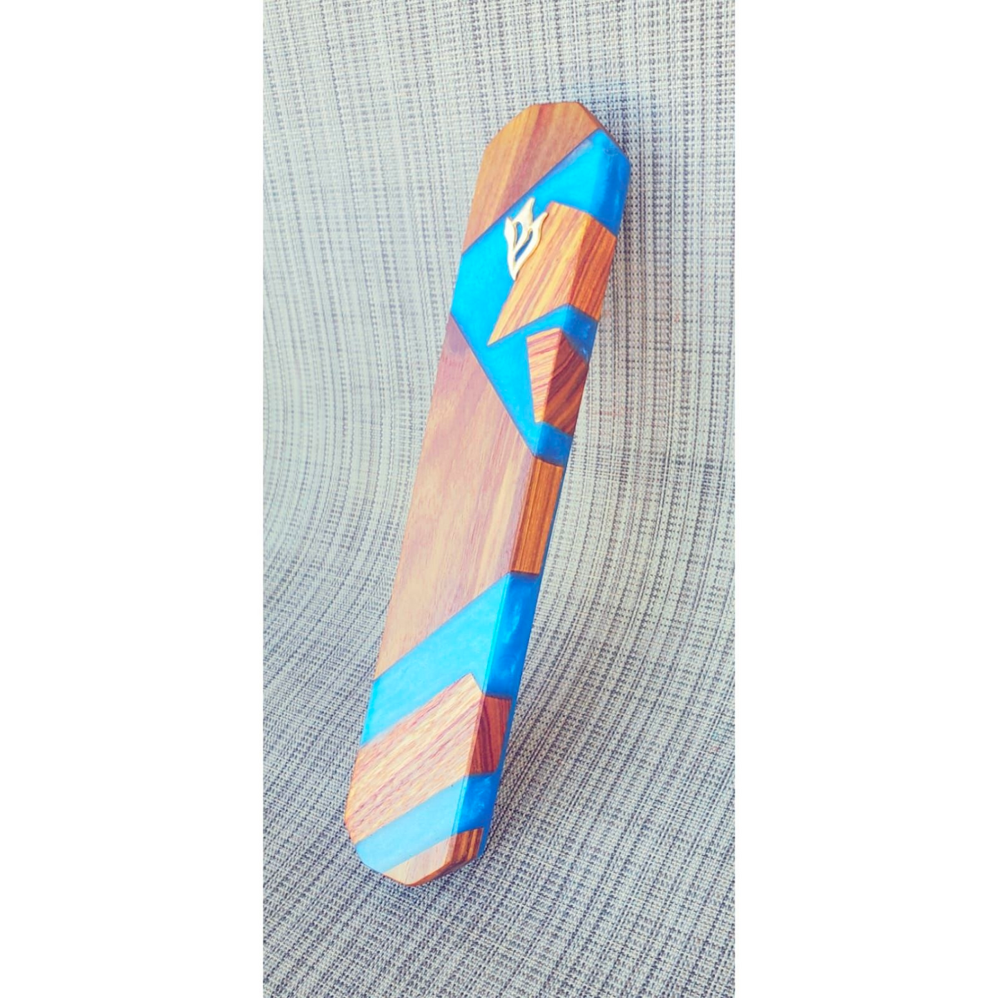 Mezuzah Holder Pieces of Exotic Wood  -  Blue Epoxy