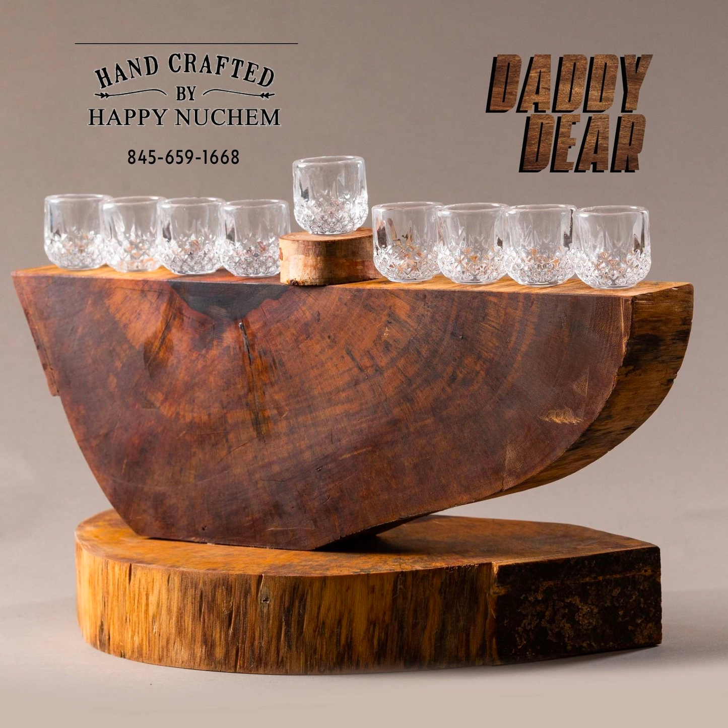 Rustic Wooden Menorah “Crystal Glasses Included”