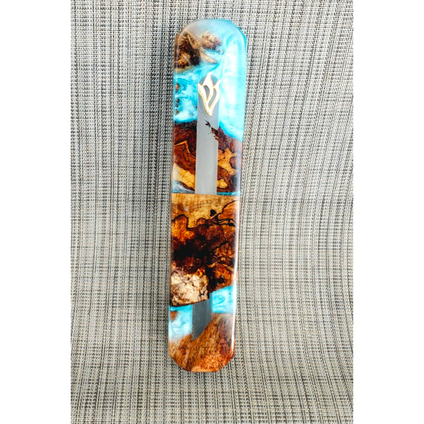 Mezuzah Holder Burl Wood With Blue Epoxy Background and Clear Epoxy