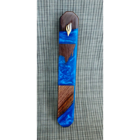 Mezuzah Holder Pieces of Exotic Wood  -  Blue Epoxy