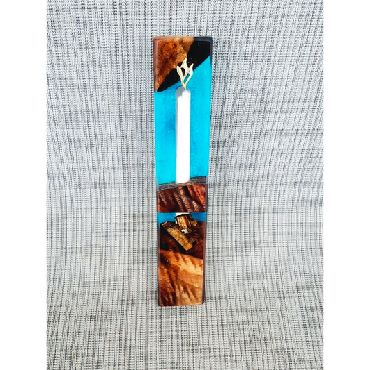 Mezuzah Walnut With Background of Lite Blue Epoxy and Clear Epoxy
