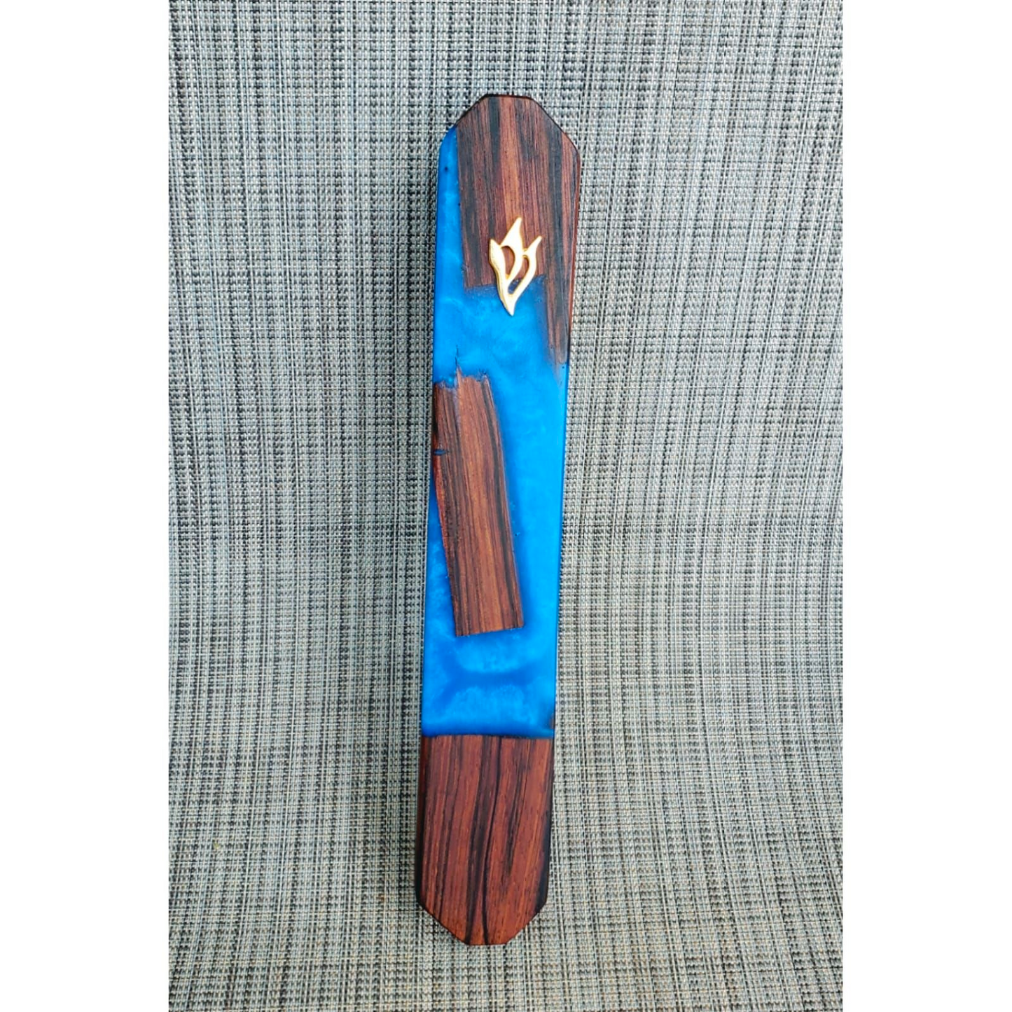 Mezuzah Holder Pieces of Exotic Wood  -  Blue Epoxy