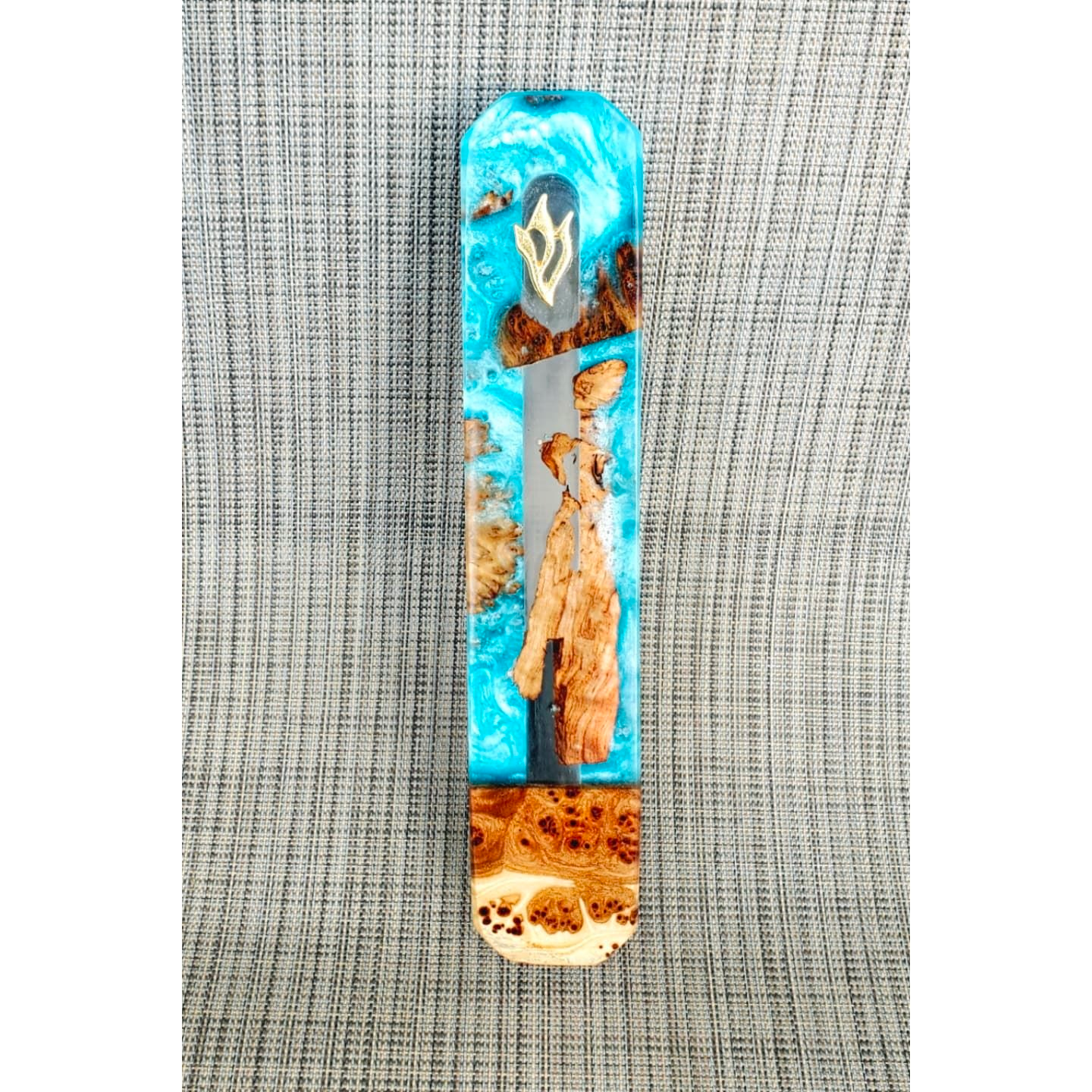 Mezuzah Holder Burl Wood With Blue Epoxy Background and Clear Epoxy