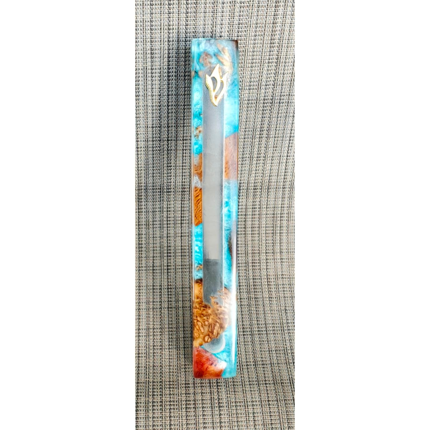 Mezuzah Holder Burl Wood With Blue Epoxy Background and Clear Epoxy