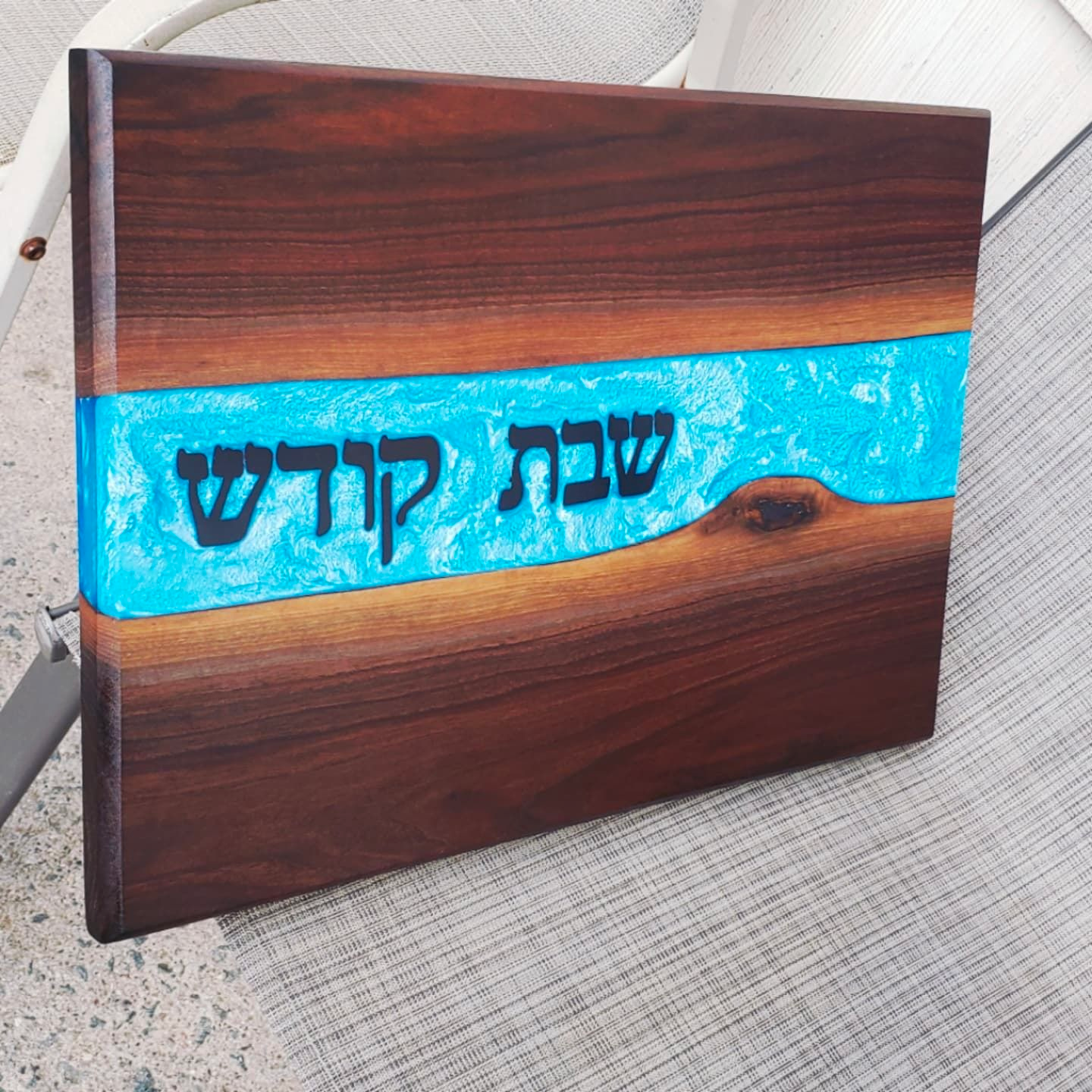 Mezuzah Holder Burl Wood With Blue Epoxy Background and Clear Epoxy