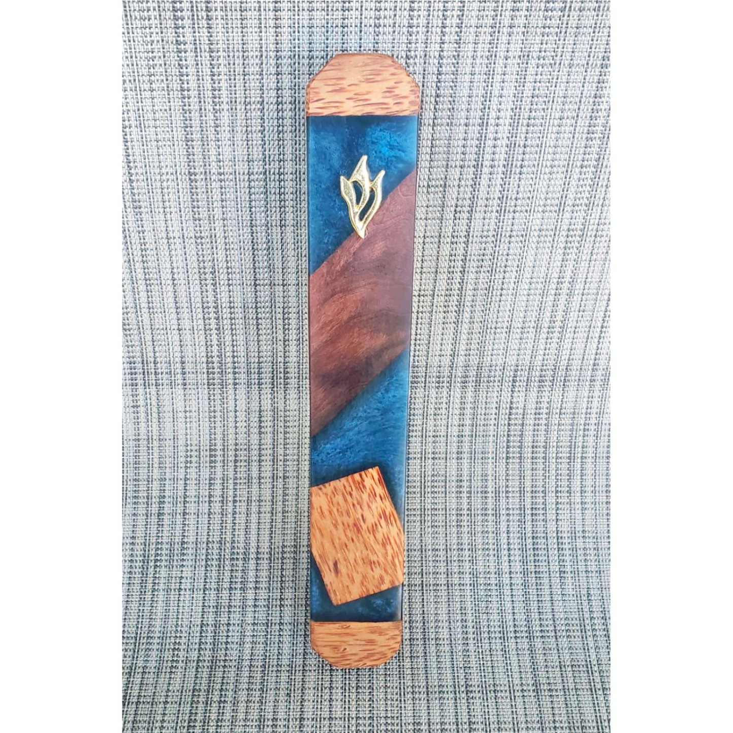 Mezuzah Holder Pieces of Exotic Wood  -  Blue Epoxy