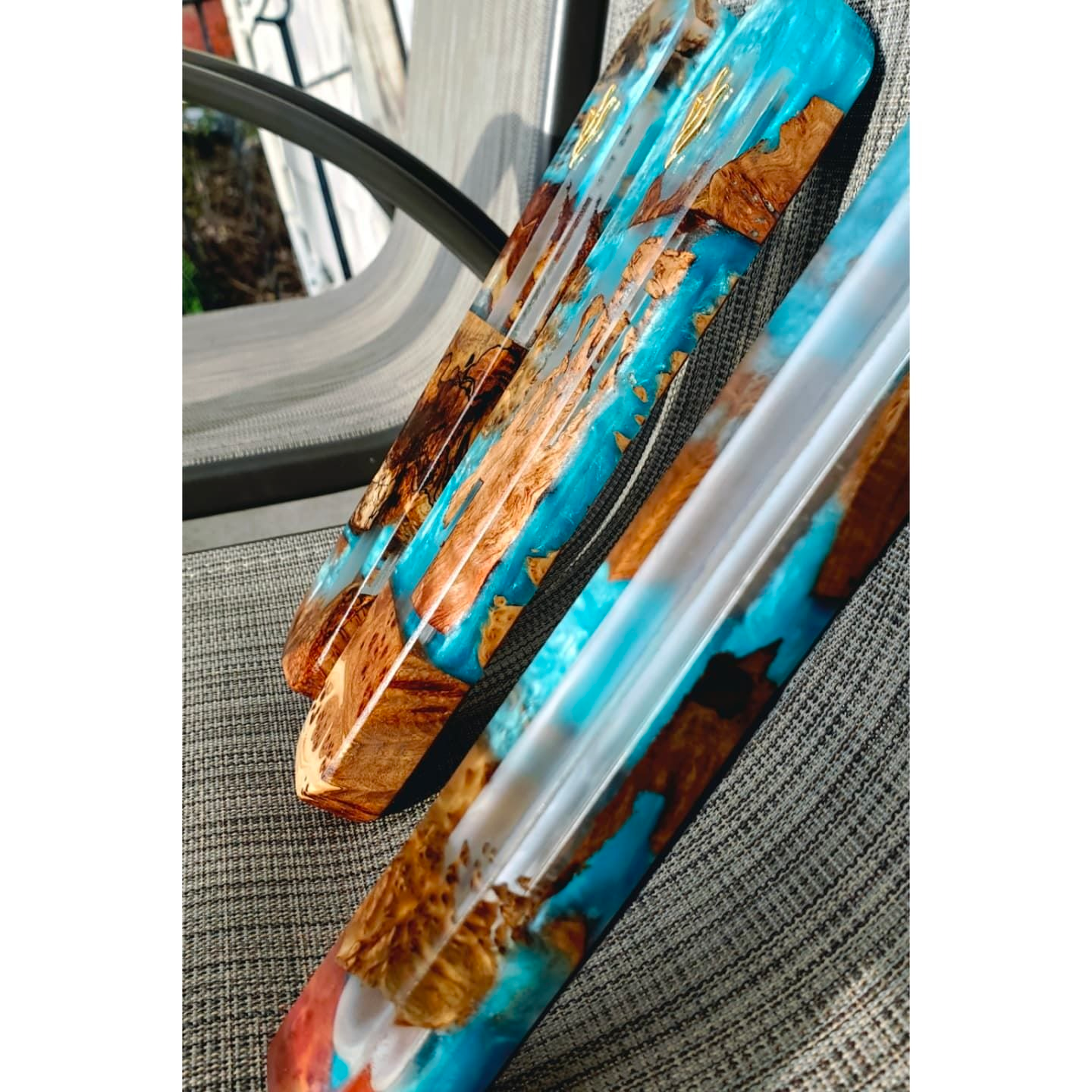 Mezuzah Holder Burl Wood With Blue Epoxy Background and Clear Epoxy