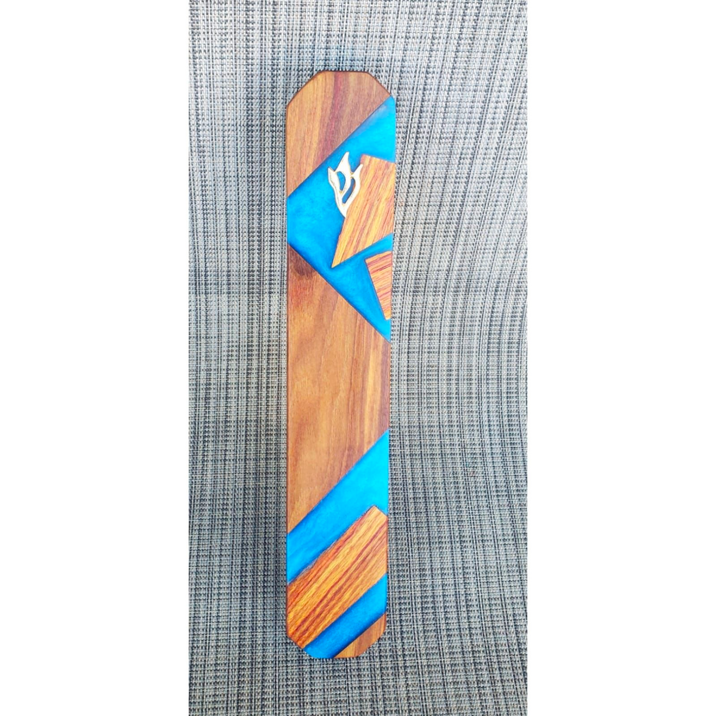 Mezuzah Holder Pieces of Exotic Wood  -  Blue Epoxy