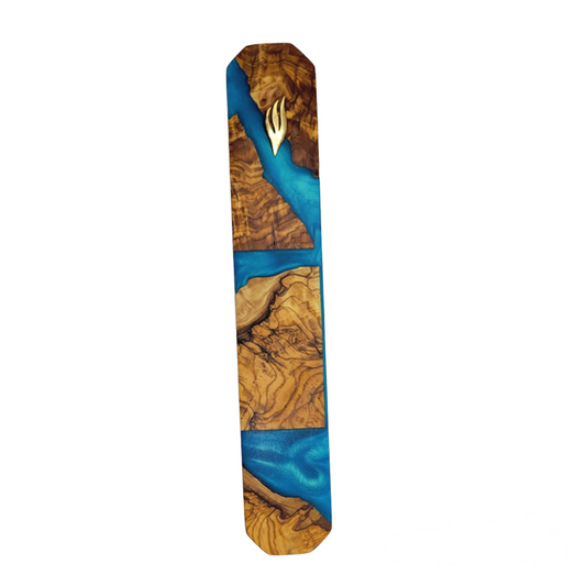 Mezuzah Holder Olive Wood - Blue Epoxy