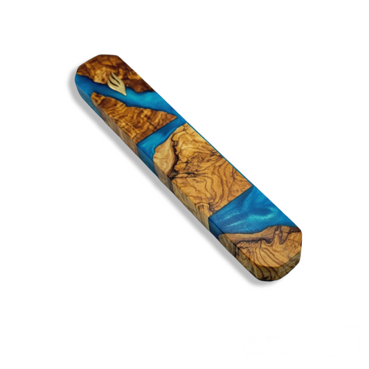 Mezuzah Holder Olive Wood - Blue Epoxy