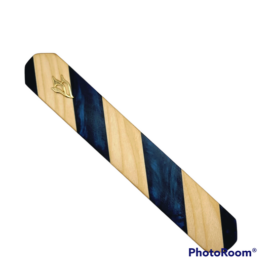 Mezuzah Holder Light Wood With Blue Epoxy Stripes