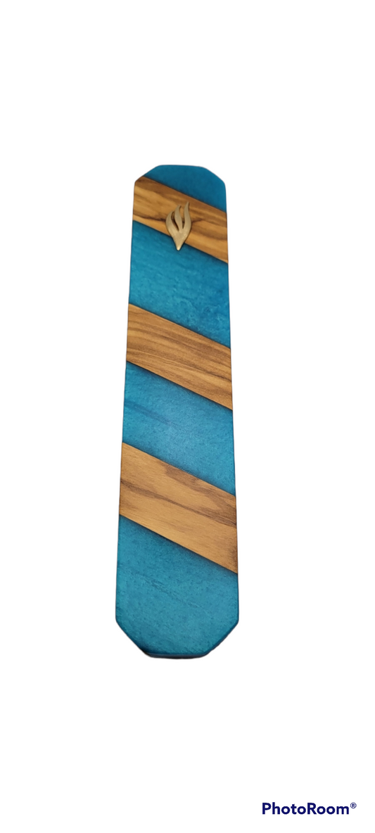 Mezuzah holder Olive wood strips with blue Epoxy