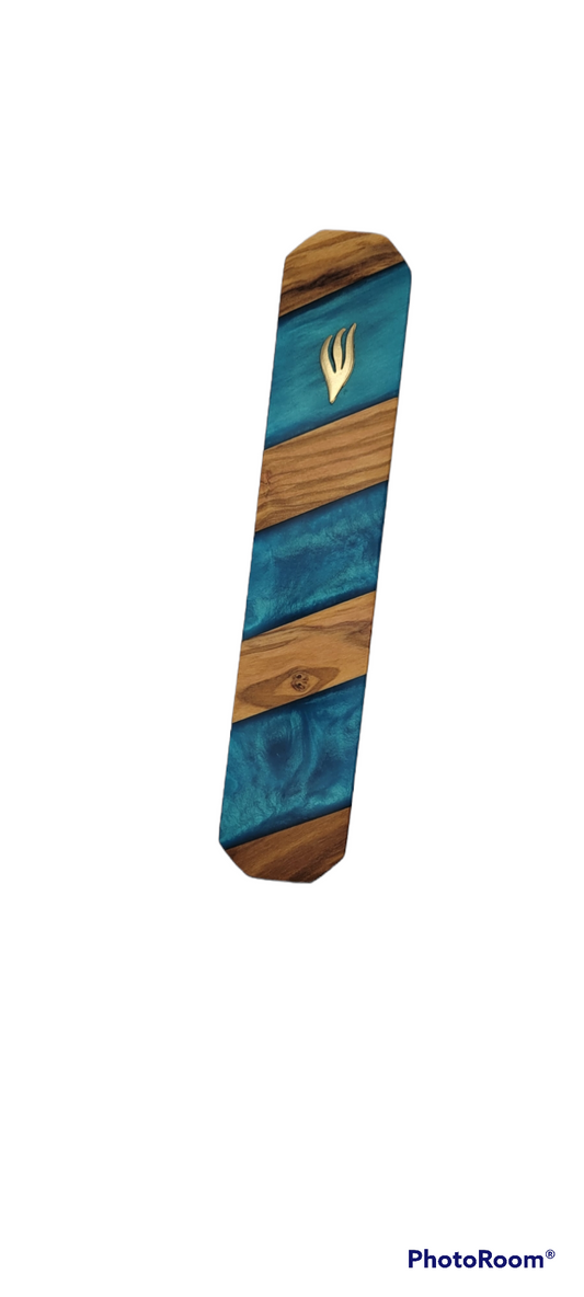Mezuzah holder Olive wood strips with blue Epoxy