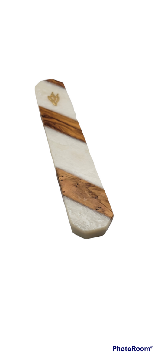 Mezuzah holder Olive wood strips with white Epoxy