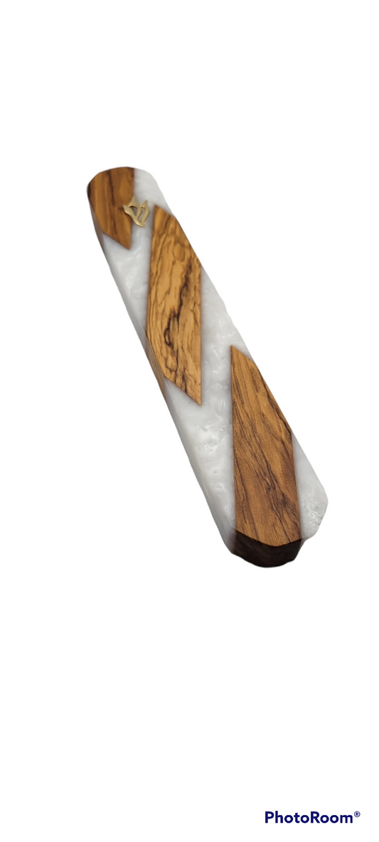 Mezuzah holder Olive wood strips with white Epoxy