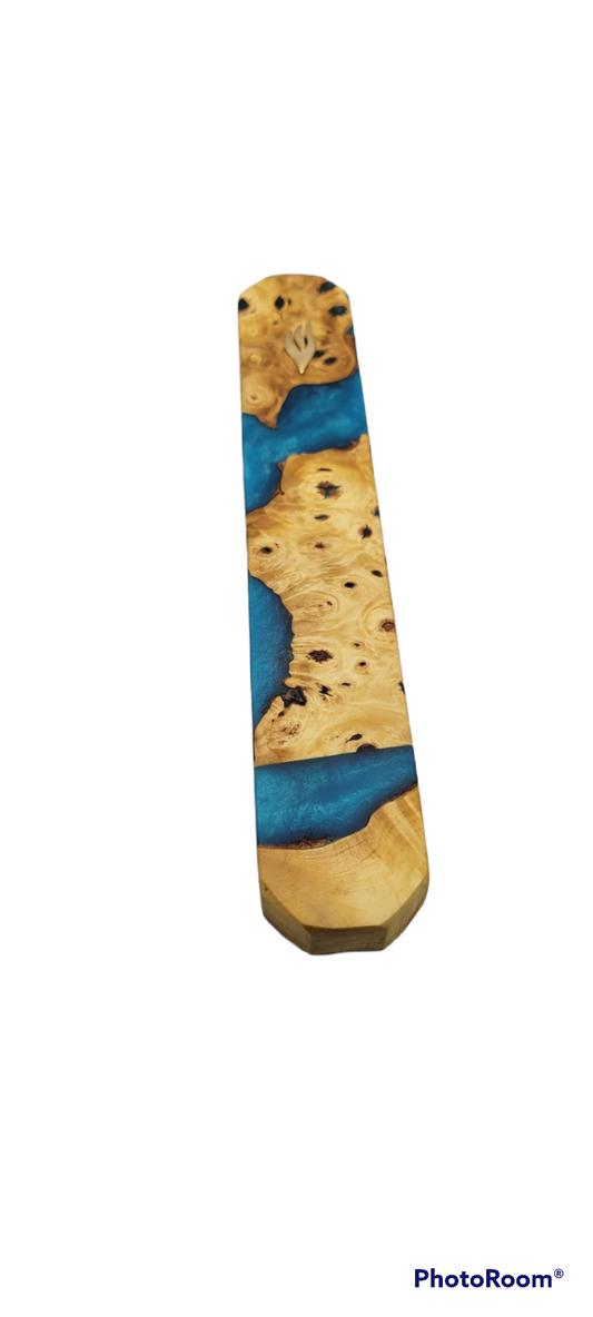 Mezuzah holder rusty wood with blue Epoxy