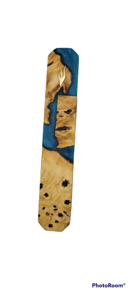 Mezuzah holder rusty wood with blue Epoxy