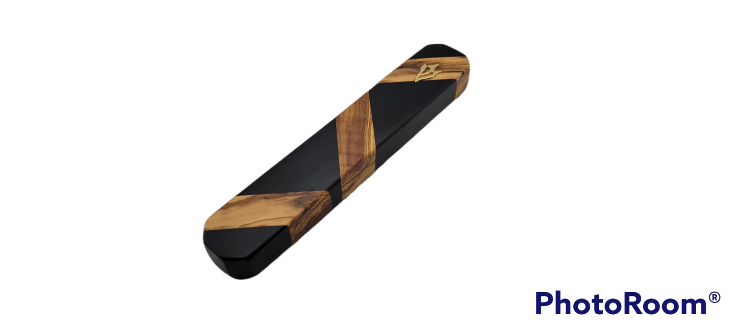 Mezuzah Holder strips of olive wood With Black Epoxy