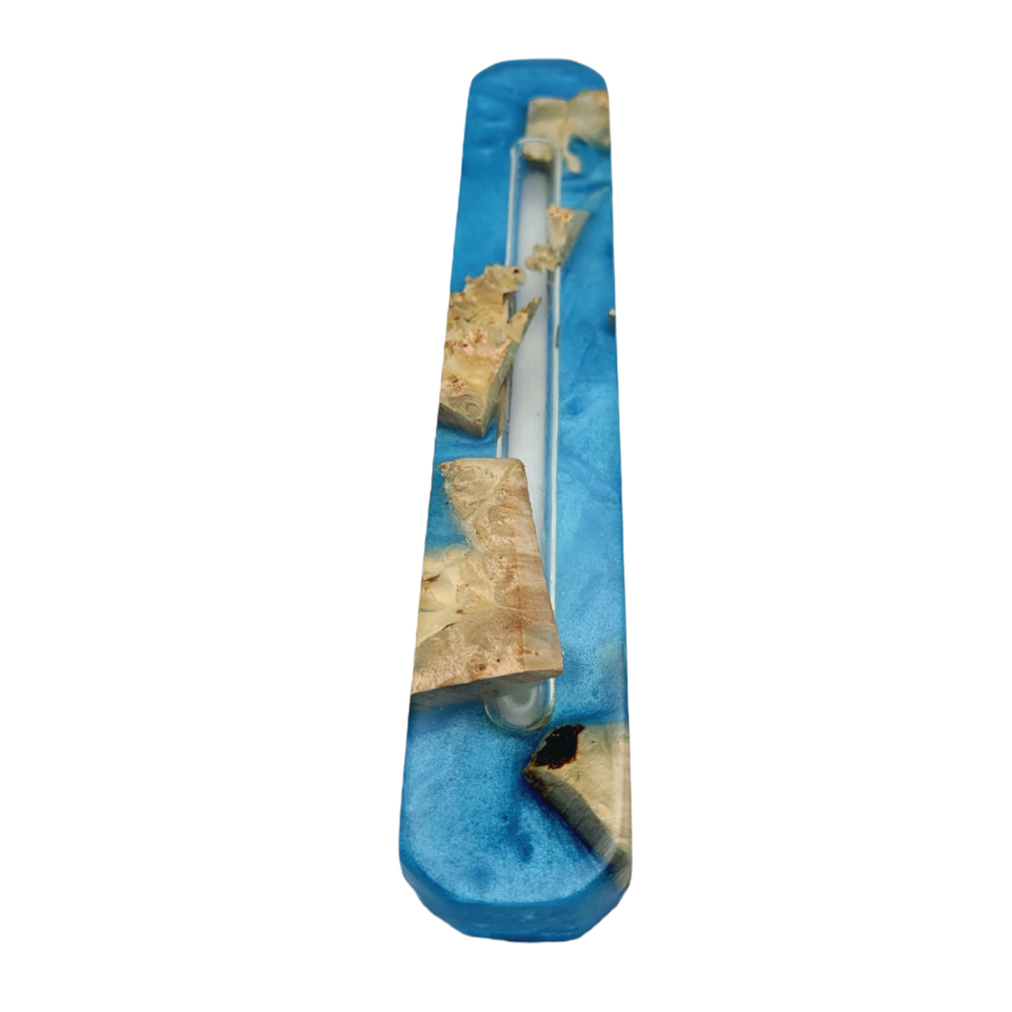 Mezuzah Holder Burl Wood With Blue Epoxy Background and Clear Epoxy