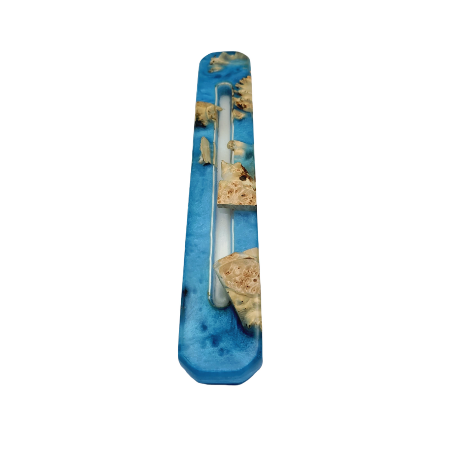 Mezuzah Holder Burl Wood With Blue Epoxy Background and Clear Epoxy